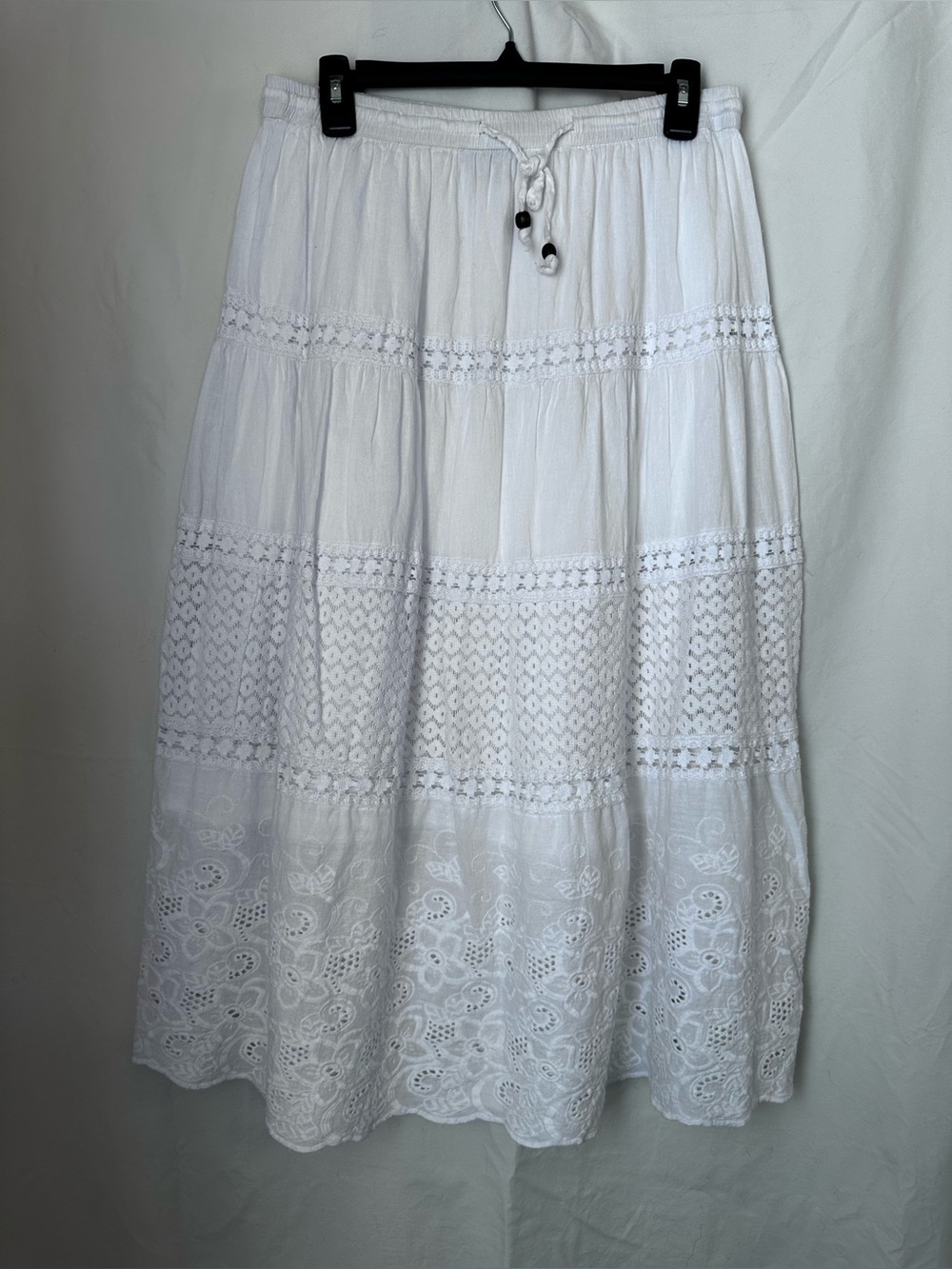 White Tiered Eyelet Maxi Skirt with Drawstring Waist